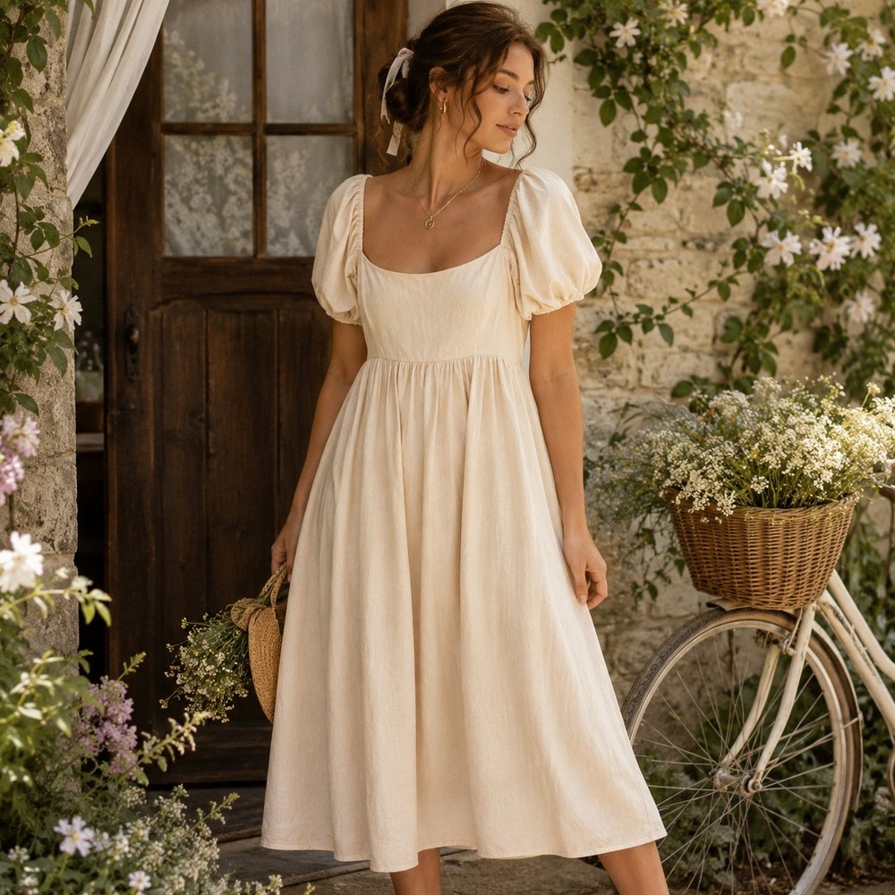 OPT Puff Sleeve Empire Waist Midi Dress Size M Cream Cottage Coquette Romantic